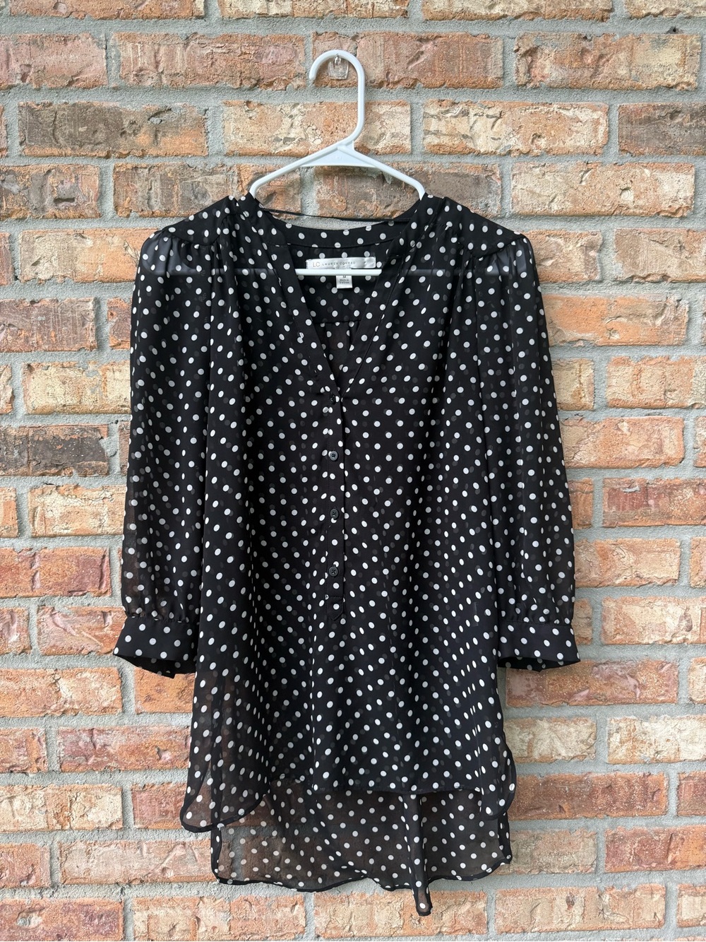 LC Lauren Conrad Black Polka Dot V-Neck Sheer Blouse